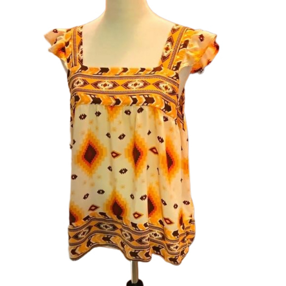 Cato Geometric Design Square Neck Top with Flutter Cap Sleeves Women size XL